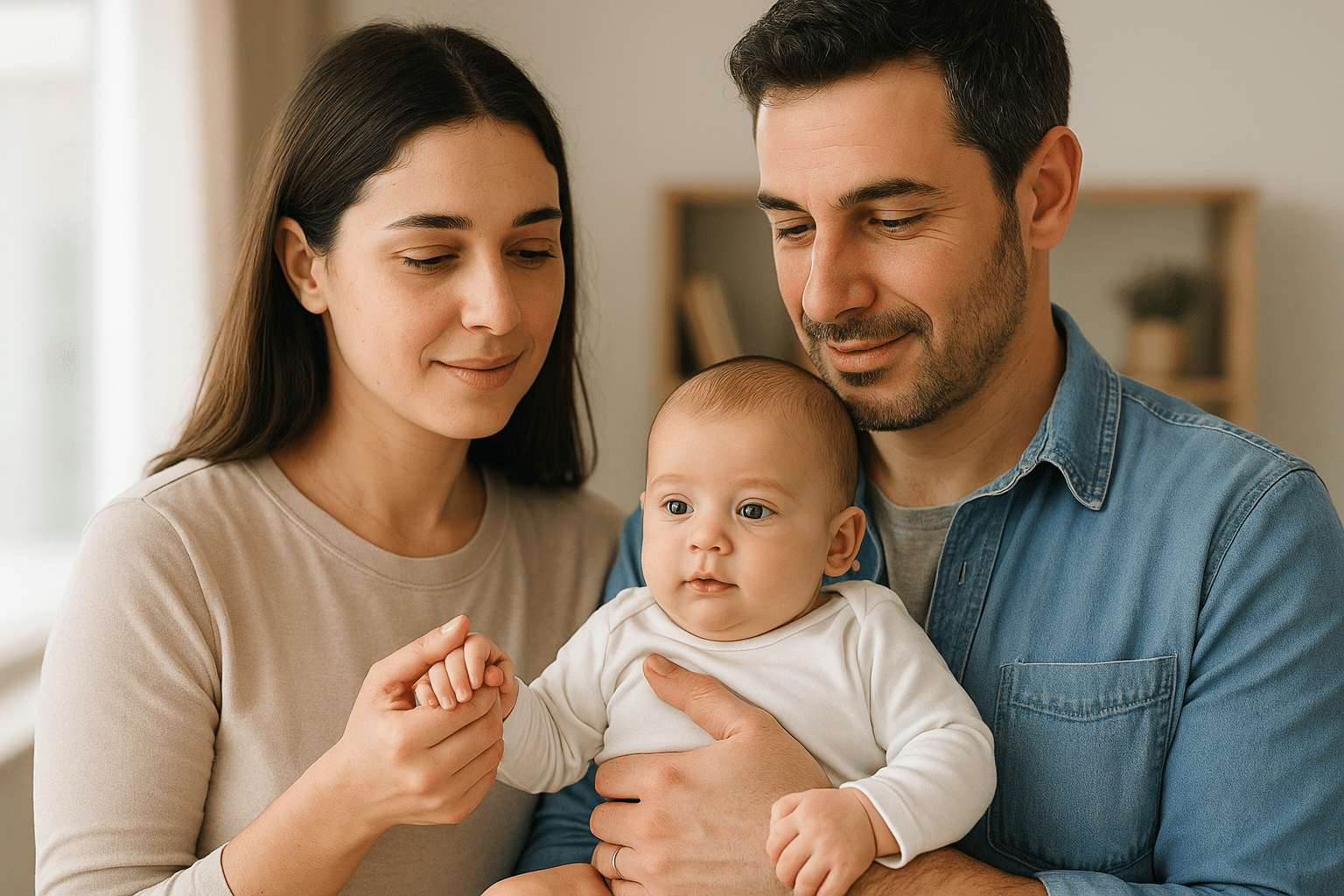 זוג הורים ישראלים צעירים מחזיקים תינוק – הסכם הורות משותפת